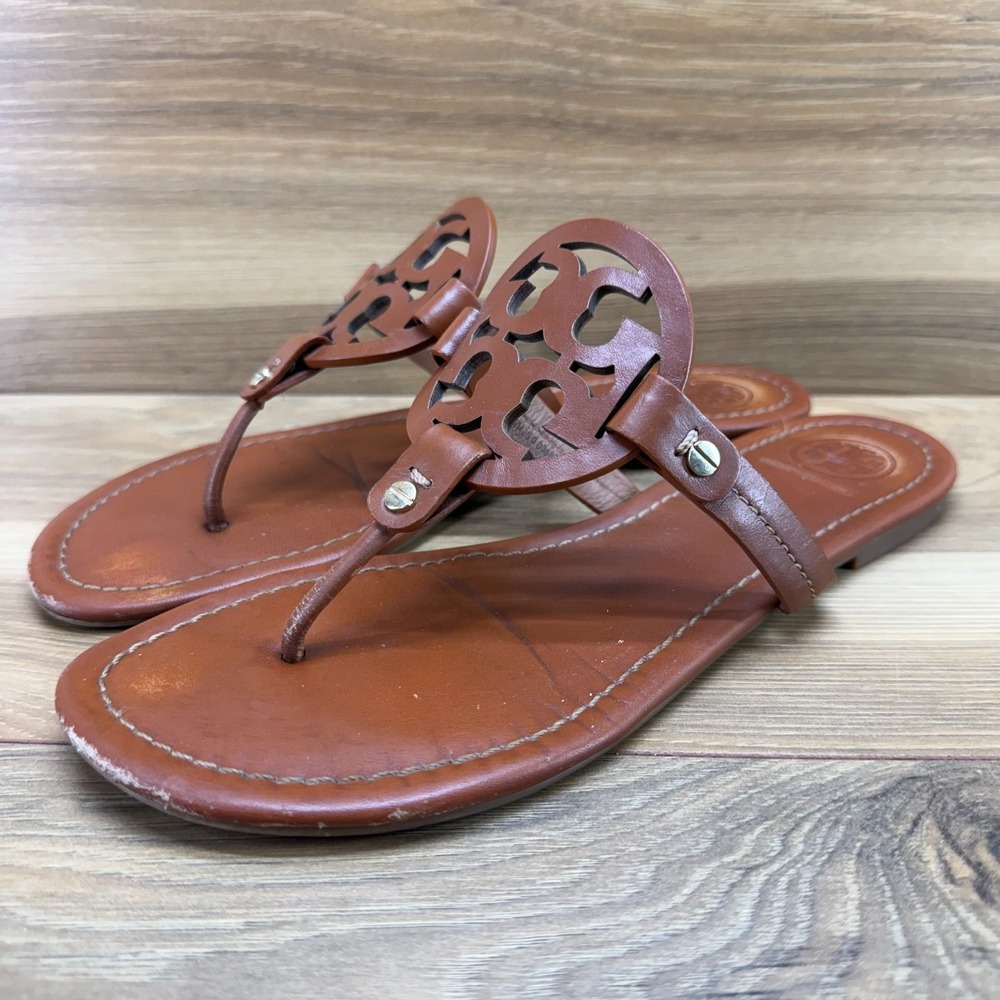 Tory Burch Miller Royal Tan Sandals 9 M Leather Flip Flops Vacation Resort - Picture 3 of 10